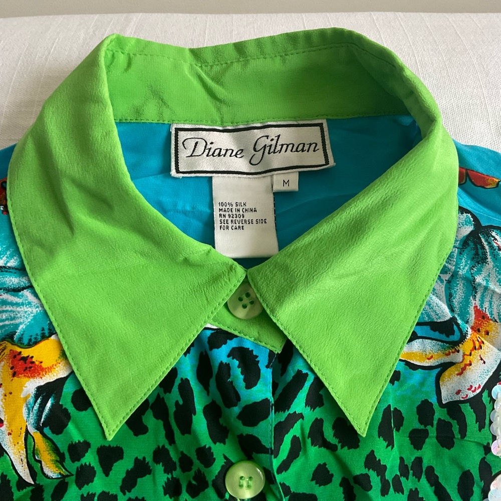 Diane Gilman | Vintage 100% Silk Leopard Floral Sequin Maximalist Blouse | M - Picture 2 of 12